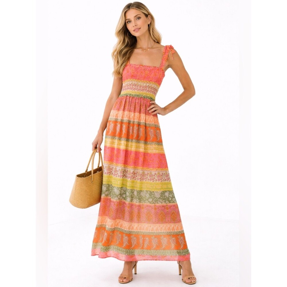 Maison Tara Womens Floral Maxi Dress 12 Bodice Pink Orange Boho Resortwear Lux